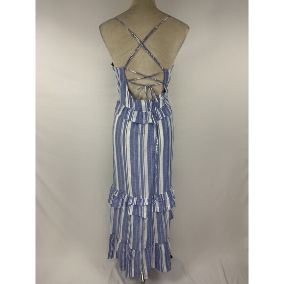 5 a 7 Cinq a Sept Addy Maxi Dress Blue White Stripe 14 Ruffled Halter Neck - Picture 3 of 12